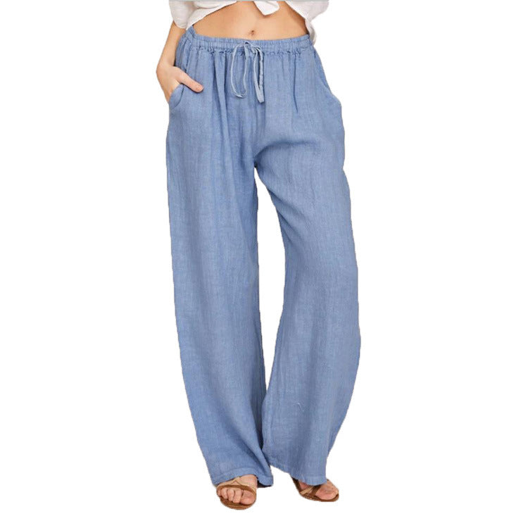 Soft Casual Drawstring Tie Trousers Summer Elastic Waist Loose Jogger Pants With Pockets