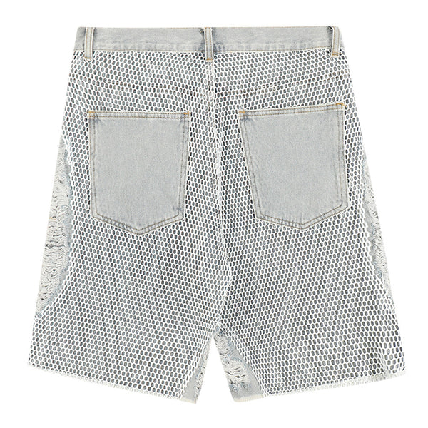 Men's Perforated Mesh Patch Denim Shorts