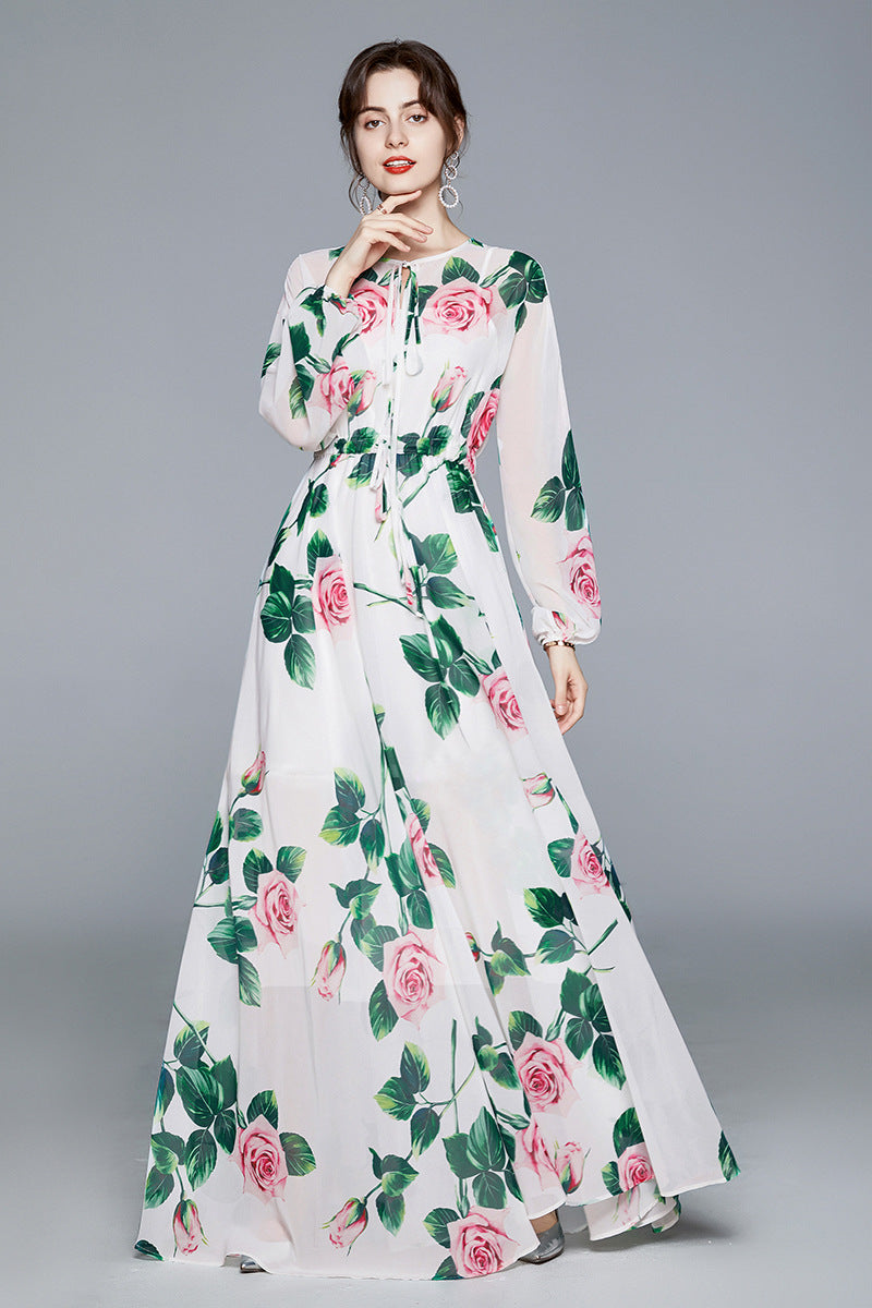 Rose Flower Swing Dress Elegant Swing Chiffon Print Dress