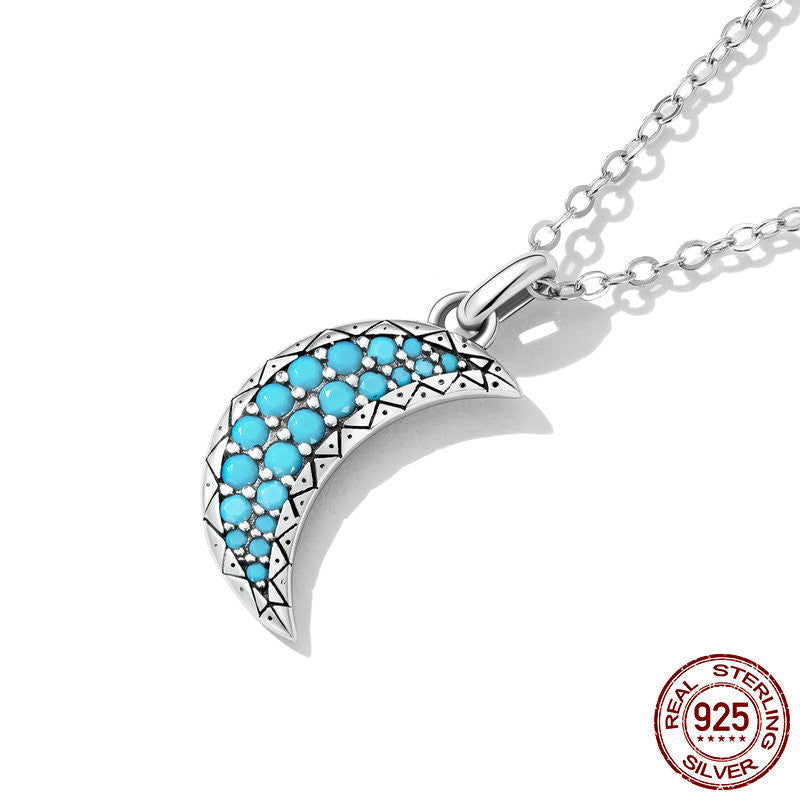 Simple Pattern Zircon Sterling Silver S925 Turquoise Moon Necklace