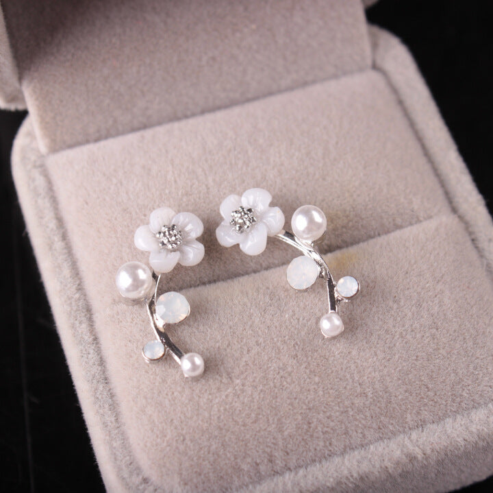 Shell Flower Pearl Stud Earrings Fashion Silver Plated Leaf Branch Earrings