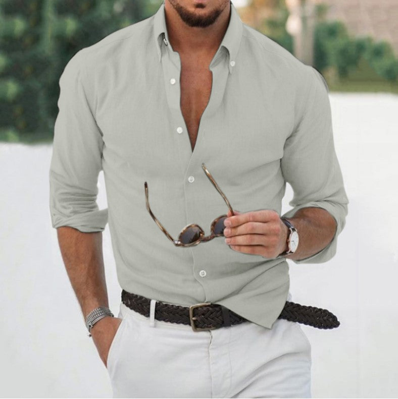 Men's Casual Loose Solid Color Cotton Long Sleeve Shirt