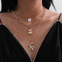 Hip Hop Trend Multilayer Butterfly Bear Necklace