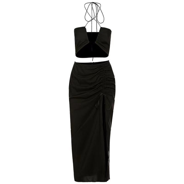 Hanging Neck Bare Short Vest Fashion Slim Fit Split Long Skirt Set