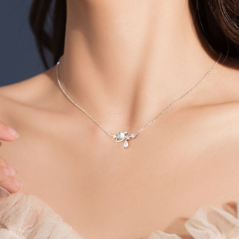 925 Sterling Silver Aurora Water Drop Planet Necklace Sweet Girl Xingyue Clavicle Chain Girlfriend Necklace Clavicle Chain