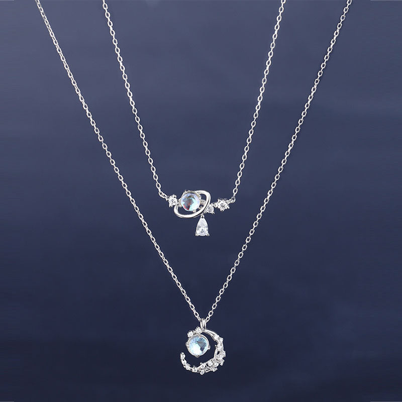 925 Sterling Silver Aurora Water Drop Planet Necklace Sweet Girl Xingyue Clavicle Chain Girlfriend Necklace Clavicle Chain