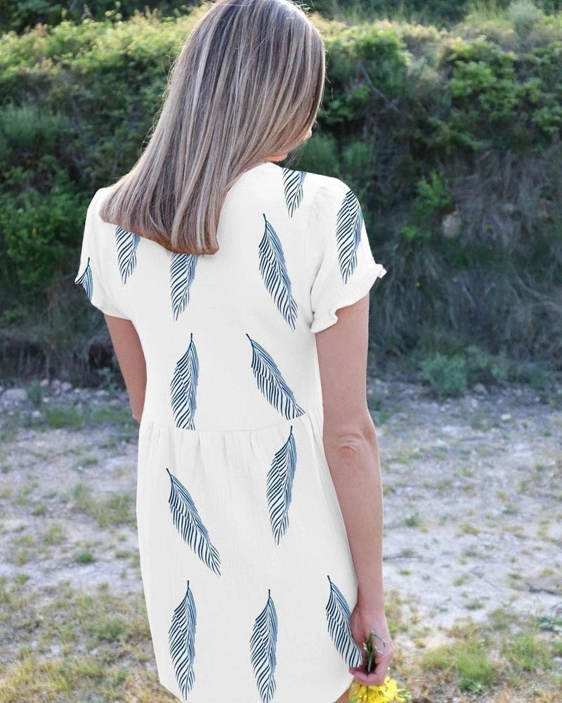 Mini V-neck Feather Print Dress