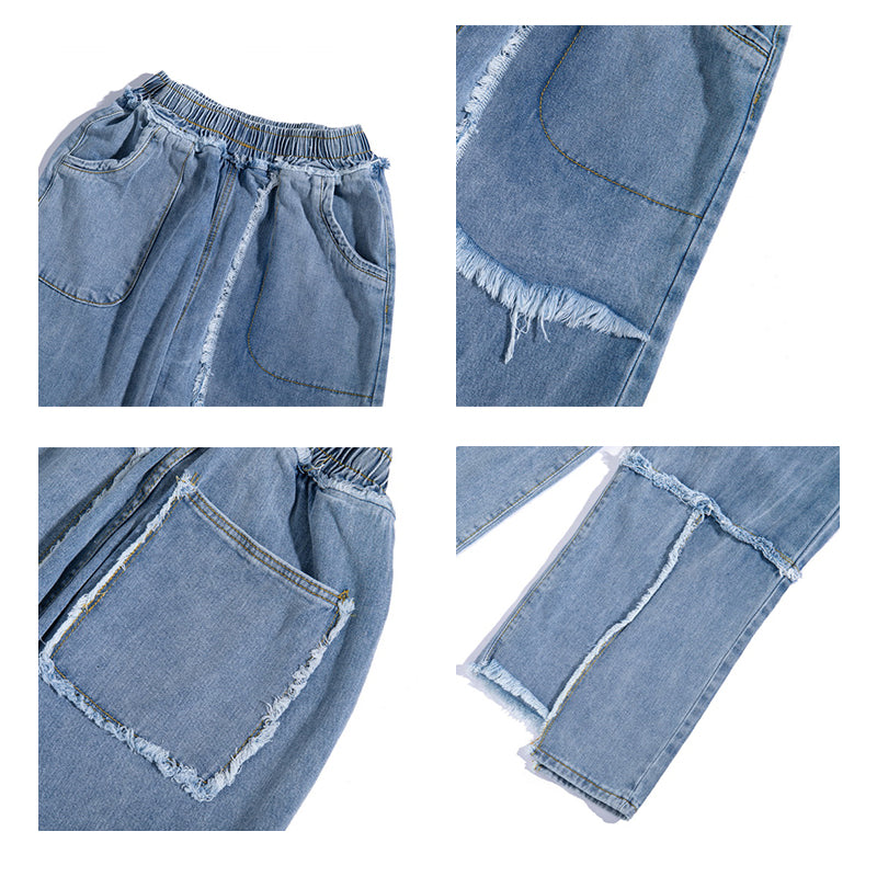 Distressed washed jeans with raw edges