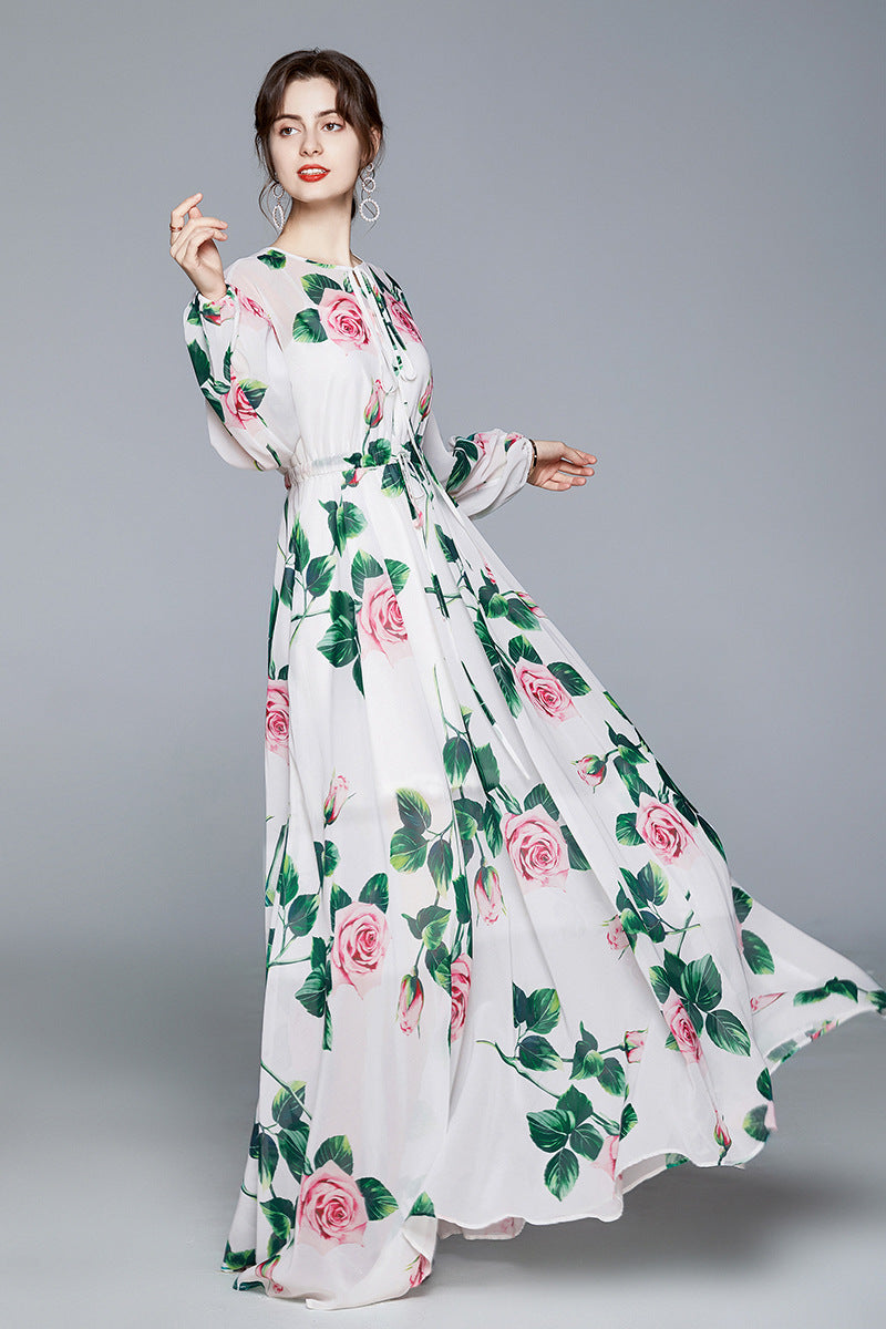 Rose Flower Swing Dress Elegant Swing Chiffon Print Dress