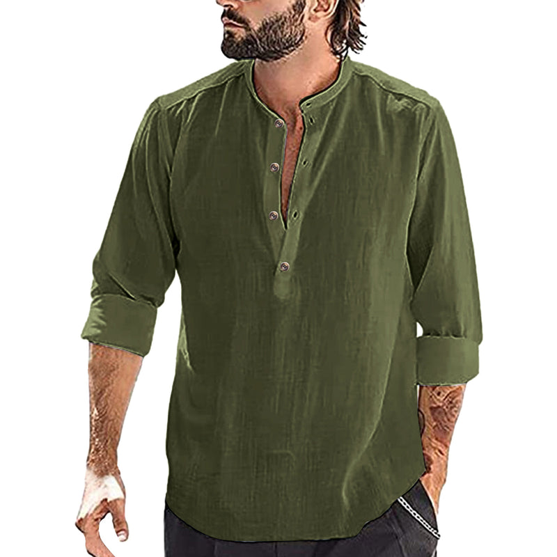 Men's Casual Cozy Stand-up Collar Cotton Linen Long-sleeved Shirt