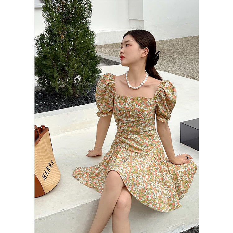 French Slim Puff Sleeve Square Neck Dress Floral Waist Skirt