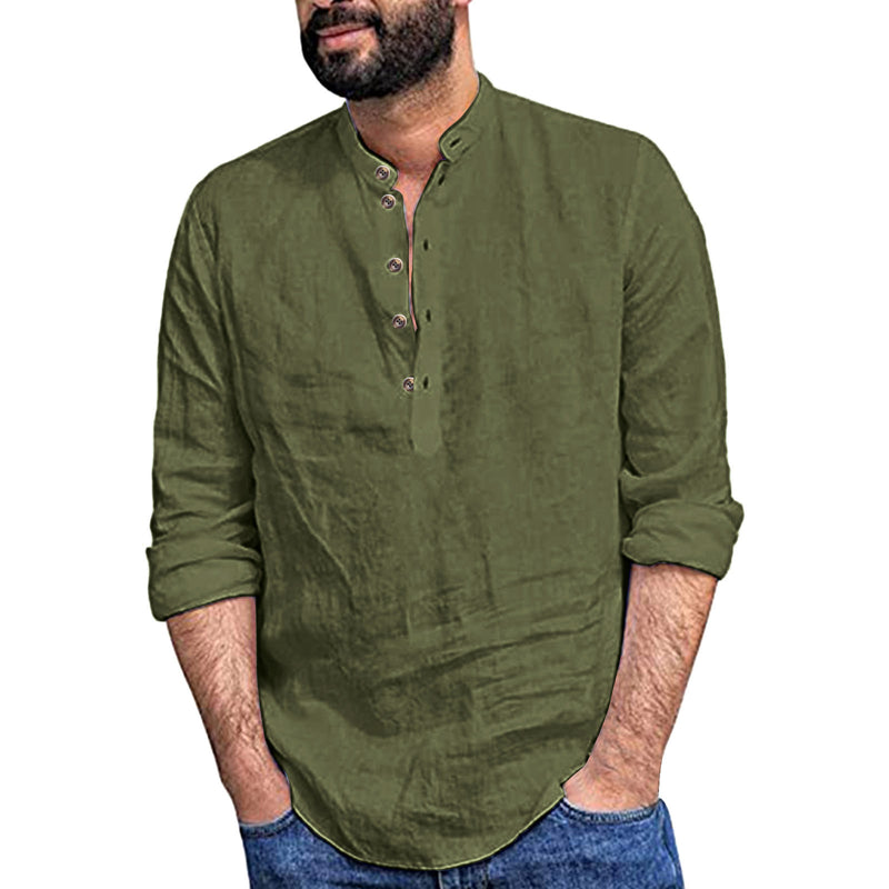 Men's Casual Cozy Stand-up Collar Cotton Linen Long-sleeved Shirt