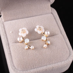 Shell Flower Pearl Stud Earrings Fashion Silver Plated Leaf Branch Earrings