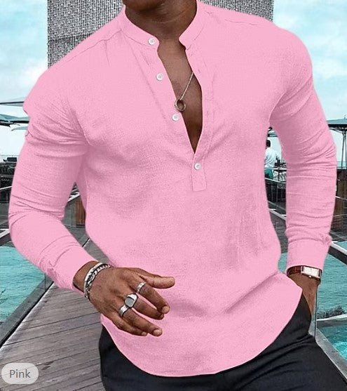 Men's Shirt Casual Long Sleeve Solid Color Cotton Linen Henley Top