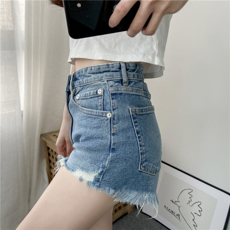 High Waist Ragged Denim Shorts