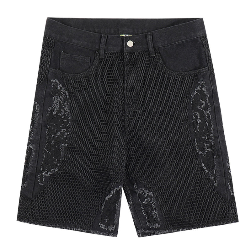 Men's Perforated Mesh Patch Denim Shorts