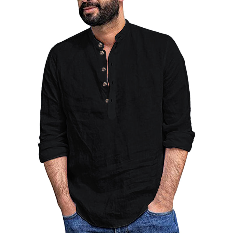 Men's Casual Cozy Stand-up Collar Cotton Linen Long-sleeved Shirt