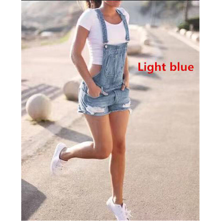 Blue Mid-waist Denim Dark Overalls Shorts