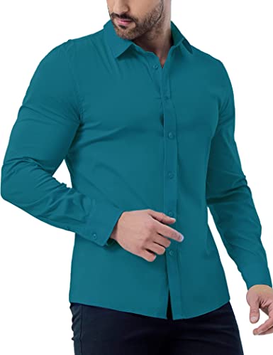 ZAFUL Men's Stretch Wrinkle-Free Dress Shirts Solid Long Sleeve