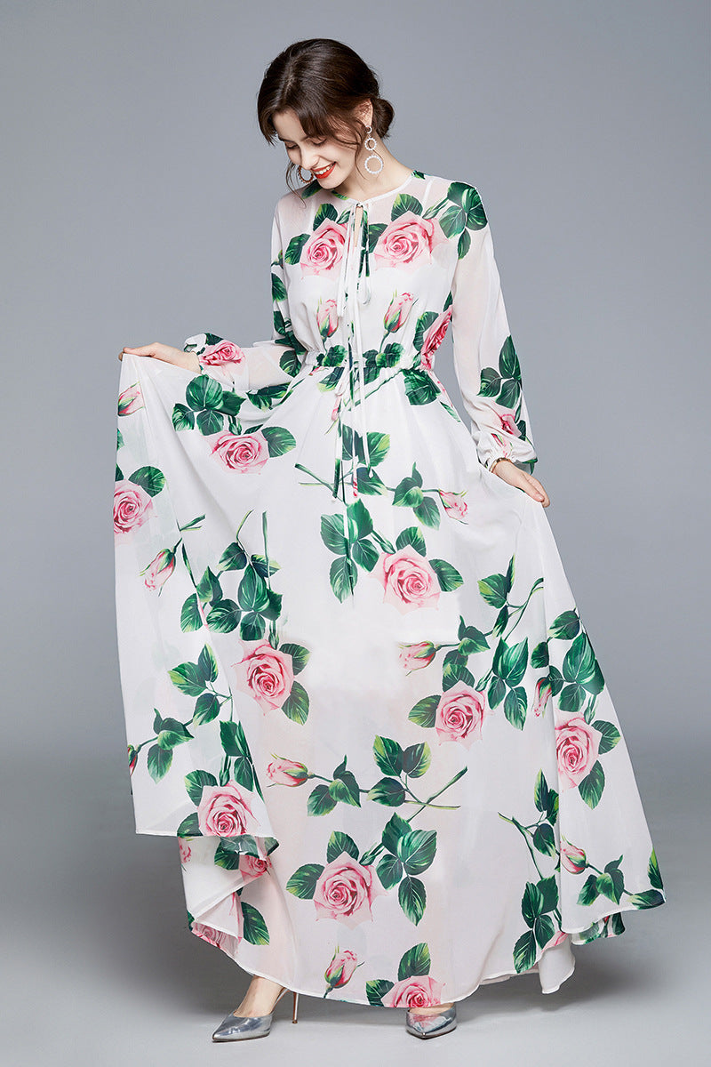 Rose Flower Swing Dress Elegant Swing Chiffon Print Dress