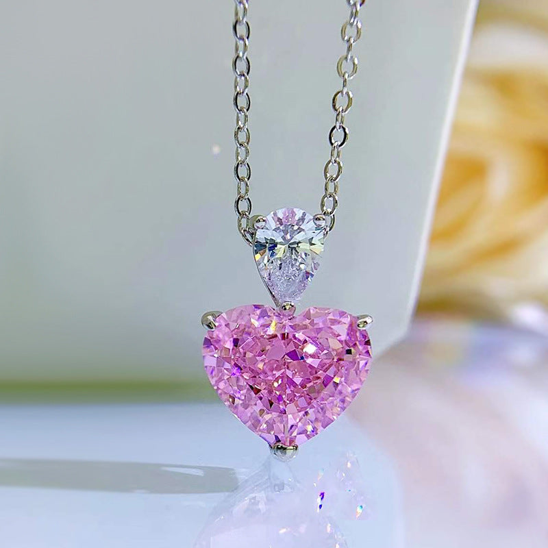 Sweet Love Peach Heart Simulation Diamond Pendant Necklace Clavicle Chain