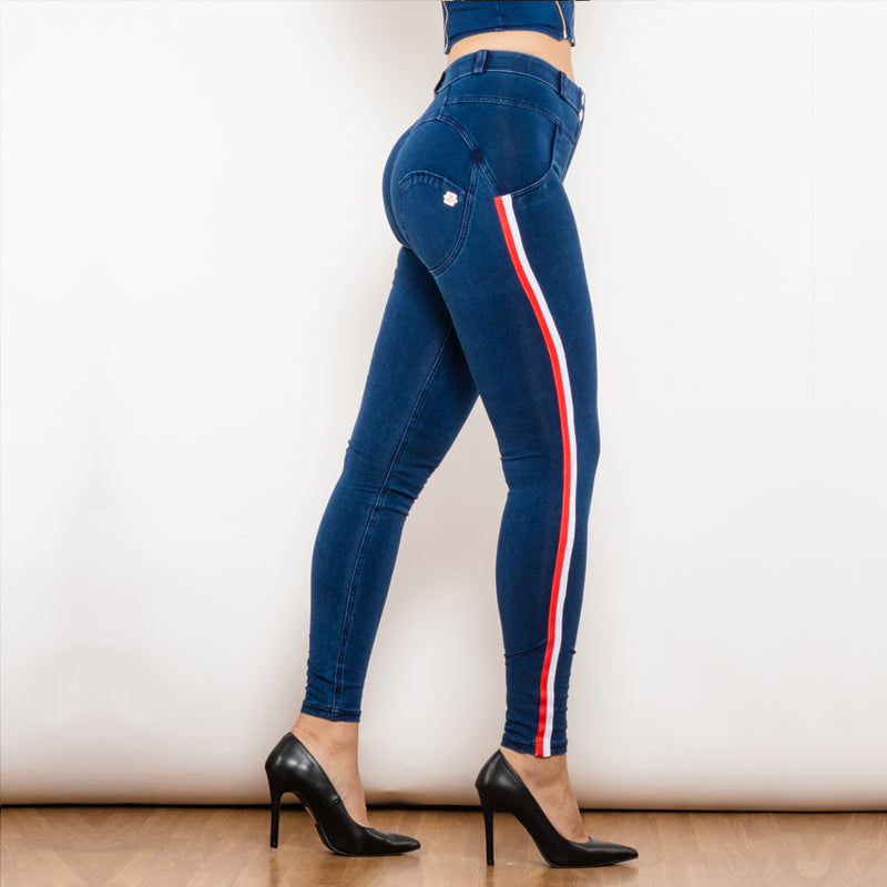 Shascullfites Melody White&Red Side Stripe Dark Blue Denim Jeans Middle Waist Stretch Pants Slim Straight Butt Lift Pants