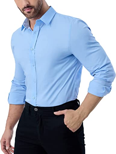 ZAFUL Men's Stretch Wrinkle-Free Dress Shirts Solid Long Sleeve