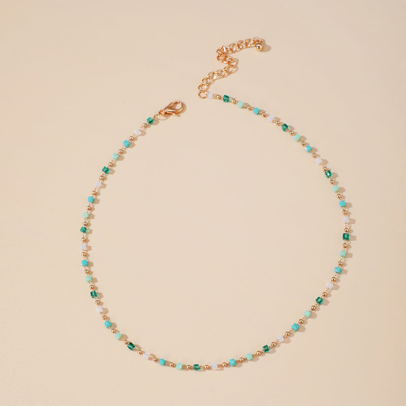 Green Beaded Sugar Cube Round Bead Necklace