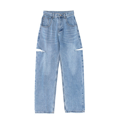 Ripped Floor Mop Jeans Thigh Asymmetrical Raw Edge Spice Wide Leg Pants