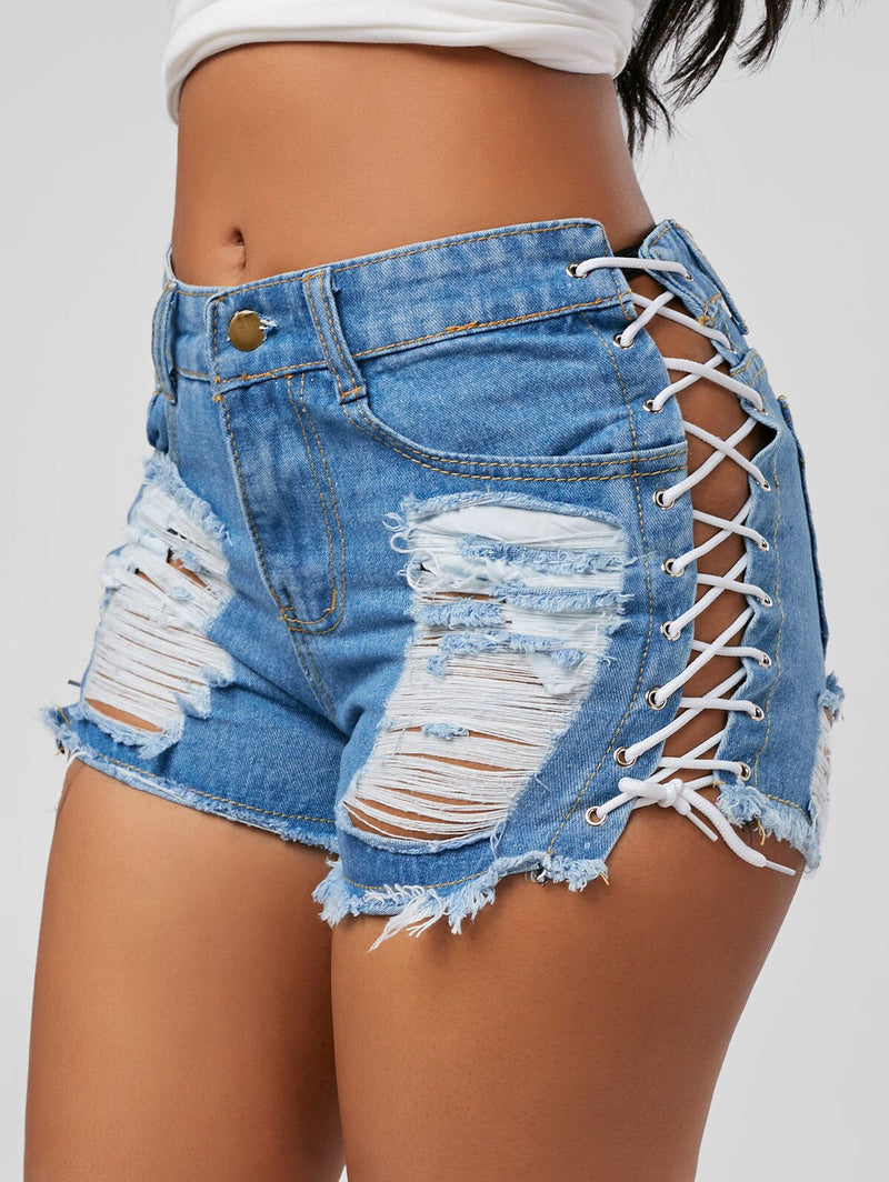 Denim Hot Pants Shorts Women's Straight Broken Corns Lace-up