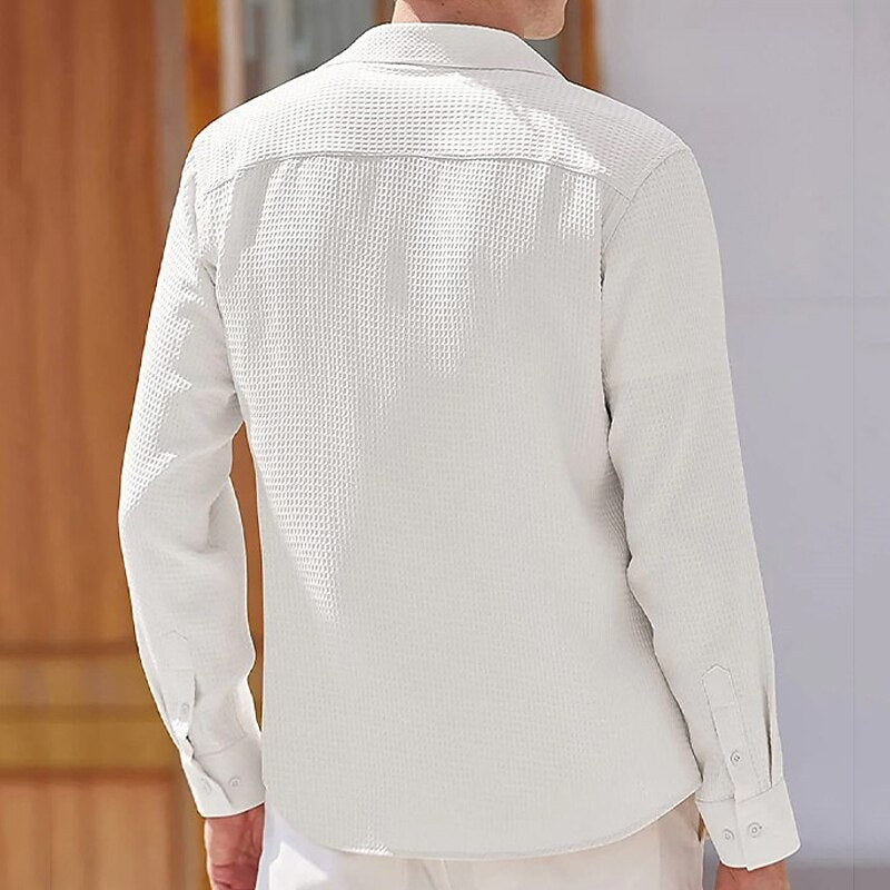 Men's Fashion Solid Color Lapel Long Sleeve Casual Shirt