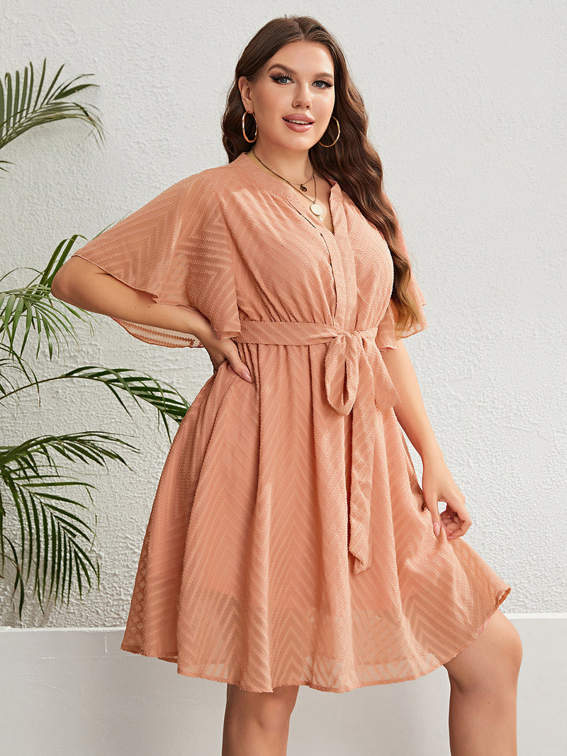 Women's Orange V-neck Lace Up Waist Dress