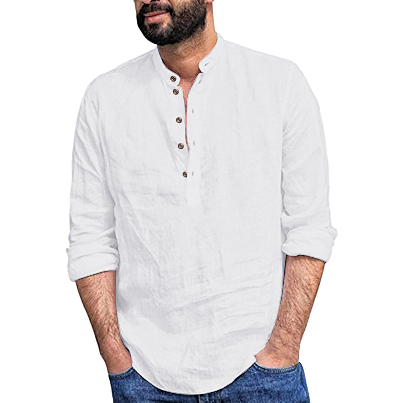 Men's Casual Cozy Stand-up Collar Cotton Linen Long-sleeved Shirt