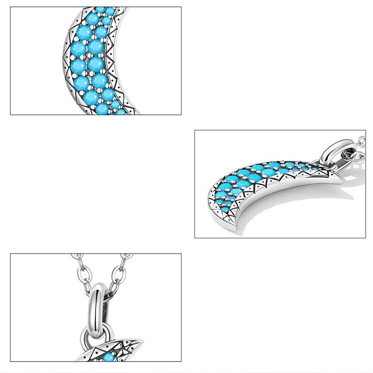 Simple Pattern Zircon Sterling Silver S925 Turquoise Moon Necklace