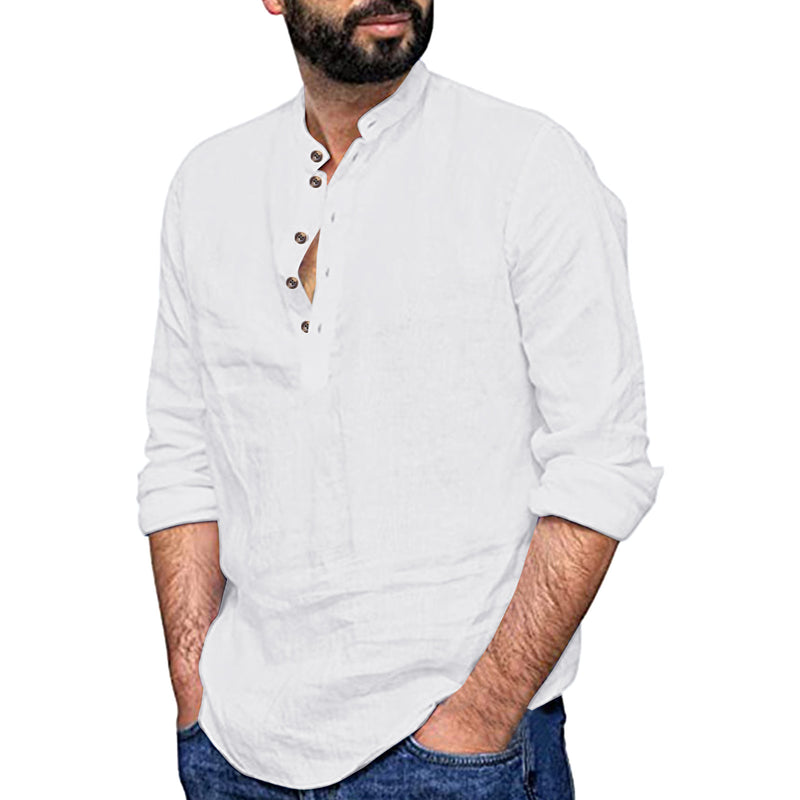 Men's Casual Cozy Stand-up Collar Cotton Linen Long-sleeved Shirt