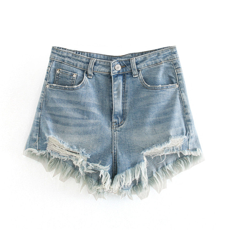 High Waist Ragged Denim Shorts