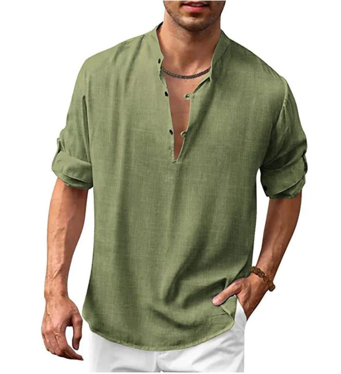 Men's Linen Henley Stand Collar Long Sleeve