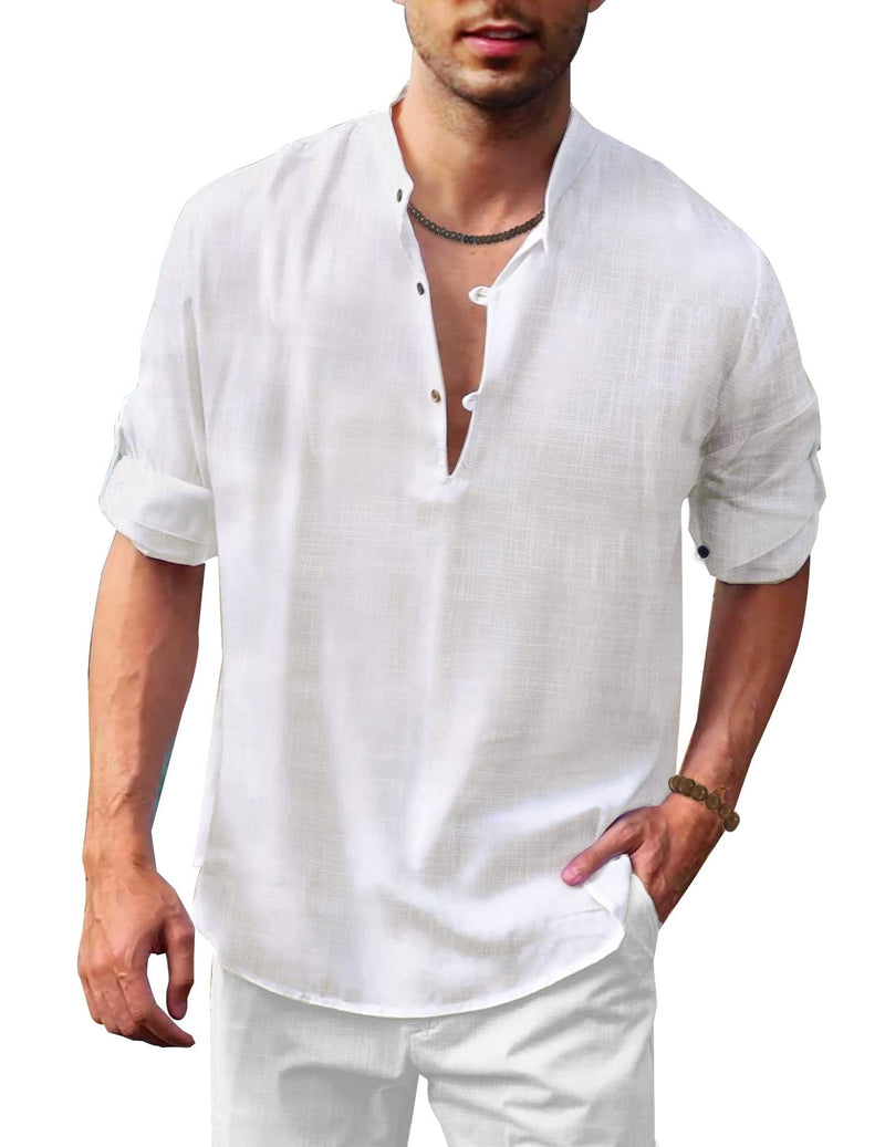 Men's Linen Henley Stand Collar Long Sleeve