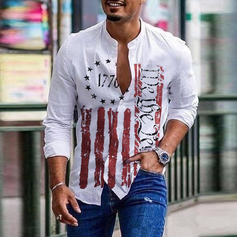 Round Neck Printed Men's Long-sleeved Shirt Cardigan