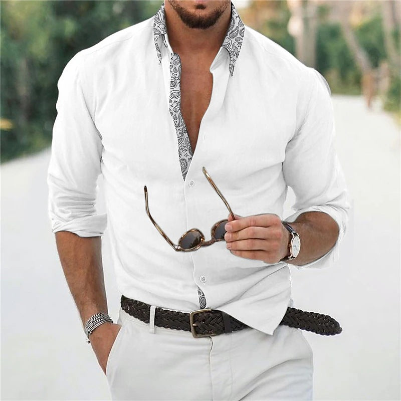 Men's Long Sleeve Color Matching Lapel Shirt