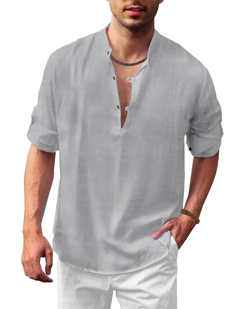 Men's Linen Henley Stand Collar Long Sleeve