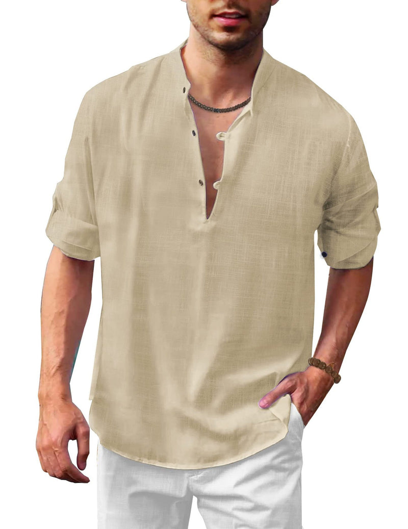 Men's Linen Henley Stand Collar Long Sleeve