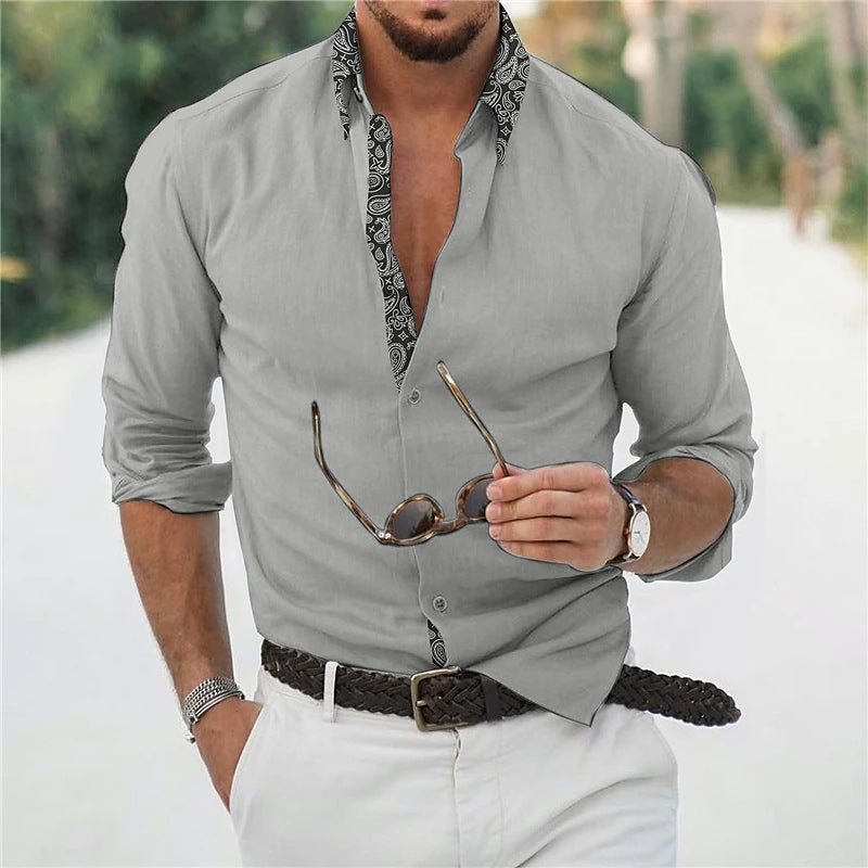 Men's Long Sleeve Color Matching Lapel Shirt