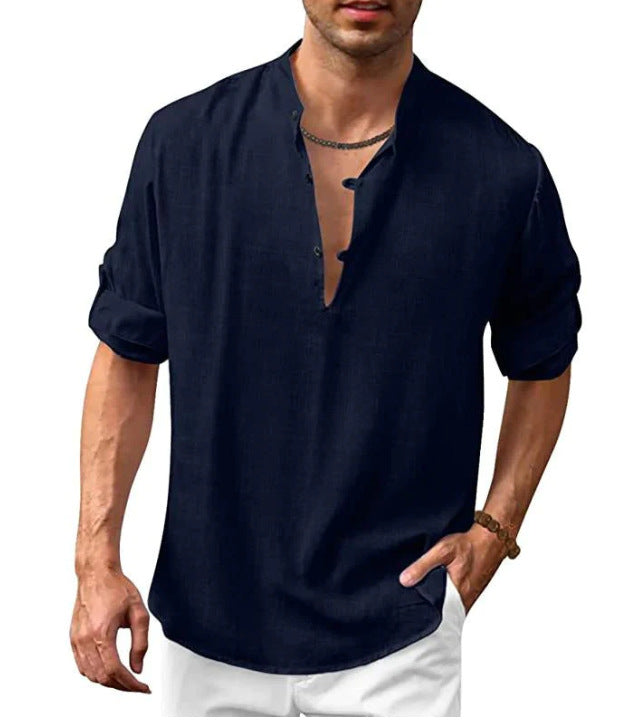 Men's Linen Henley Stand Collar Long Sleeve