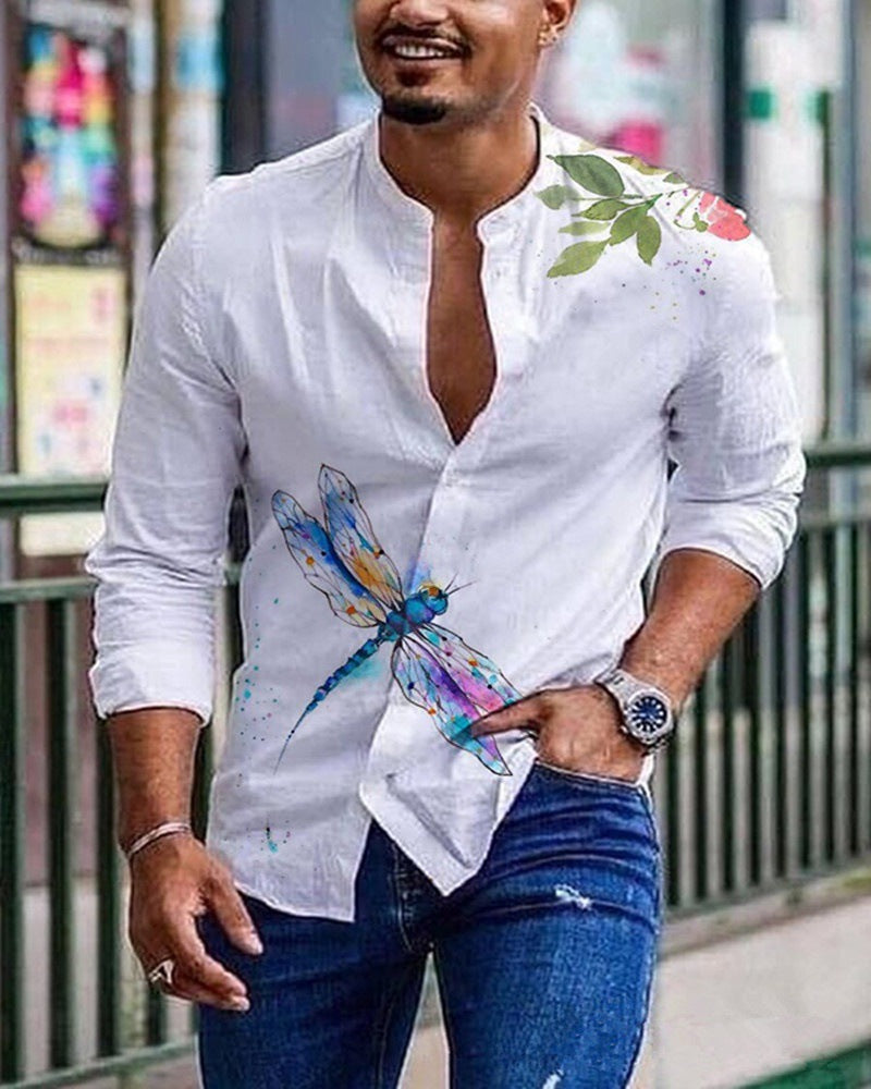 Round Neck Printed Men's Long-sleeved Shirt Cardigan