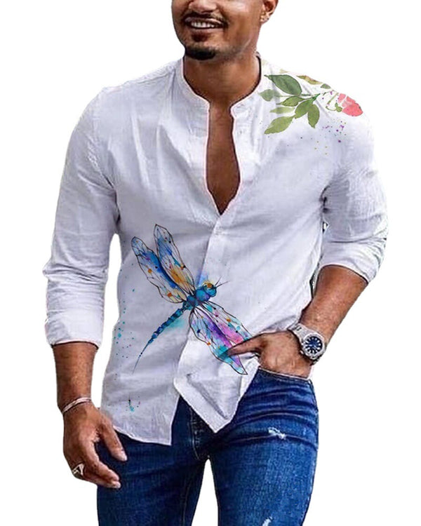 Round Neck Printed Men's Long-sleeved Shirt Cardigan