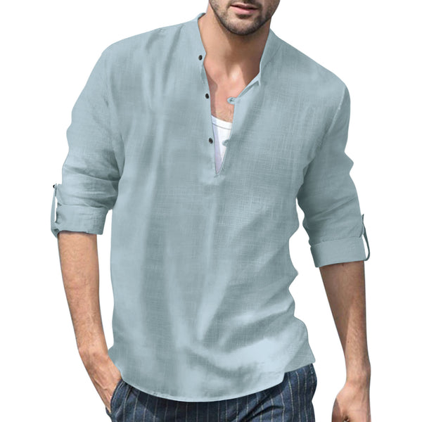 Men's Linen Henley Stand Collar Long Sleeve