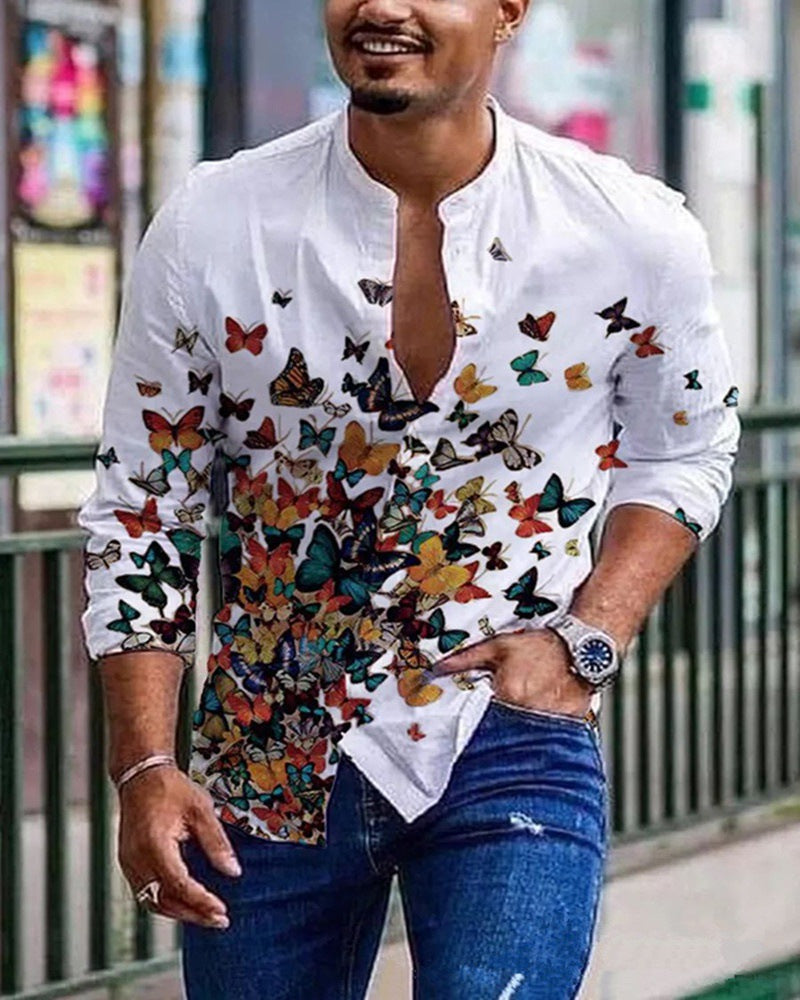 Round Neck Printed Men's Long-sleeved Shirt Cardigan