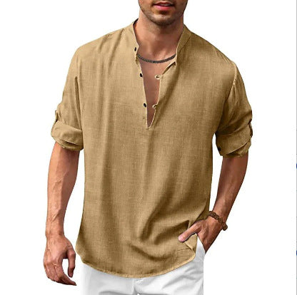 Men's Linen Henley Stand Collar Long Sleeve