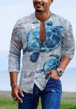 Round Neck Printed Men's Long-sleeved Shirt Cardigan